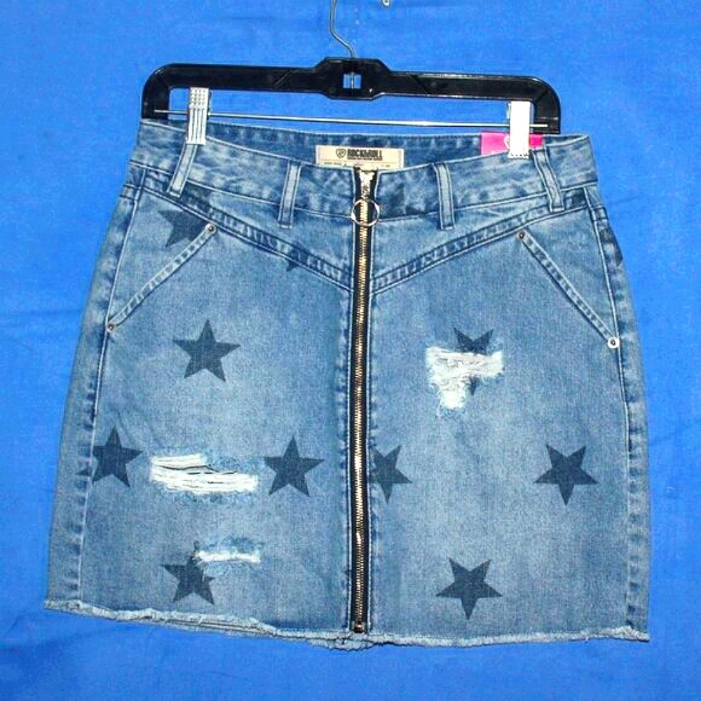 Rock & Roll Denim Star Print Distressed Mini Skirt Blue NWT